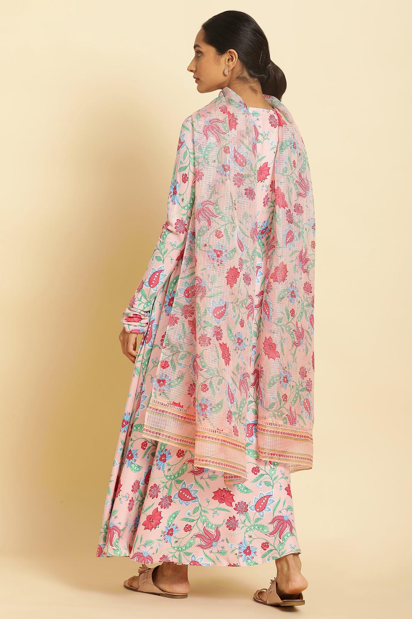 Flamingo Pink Floral Printed Anarkali Kurta, Pants And Dupatta Set - wforwoman