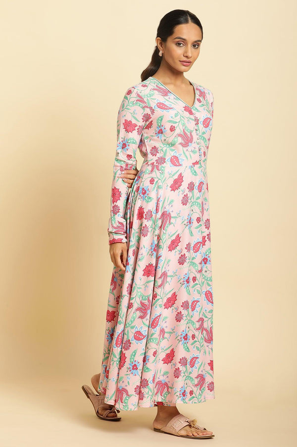 Flamingo Pink Floral Printed Anarkali Kurta, Pants And Dupatta Set