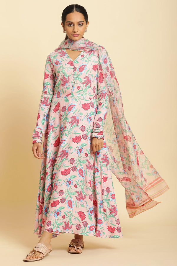 Flamingo Pink Floral Printed Anarkali Kurta, Pants And Dupatta Set