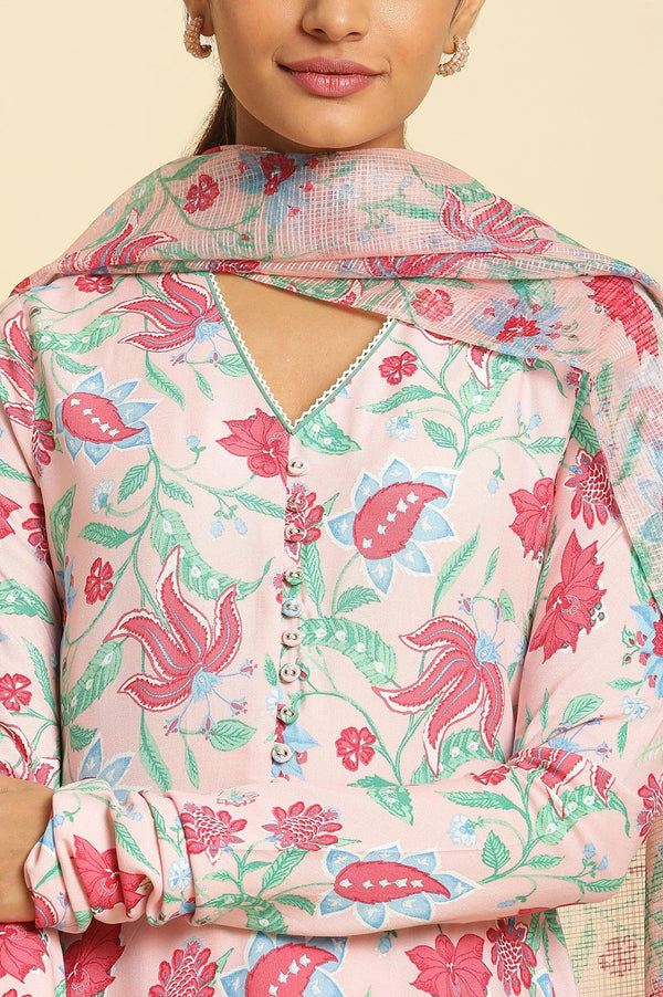 Flamingo Pink Floral Printed Anarkali Kurta, Pants And Dupatta Set