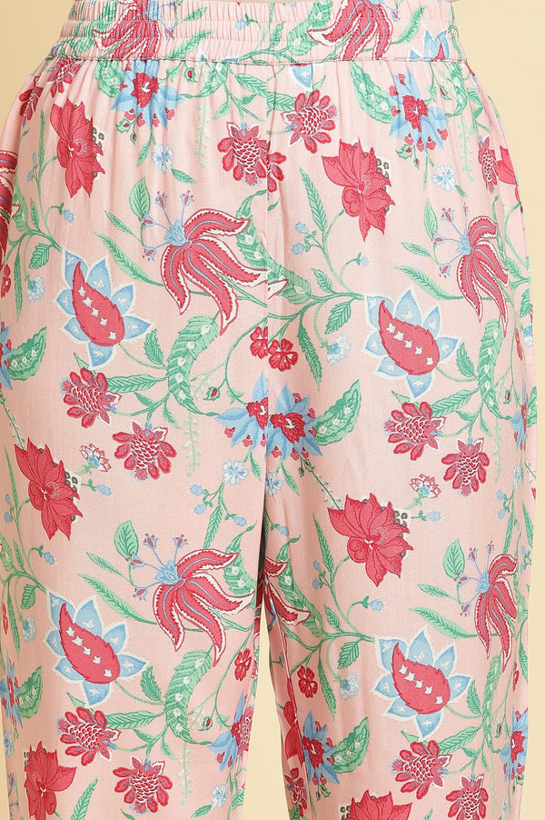 Flamingo Pink Floral Printed Anarkali Kurta, Pants And Dupatta Set