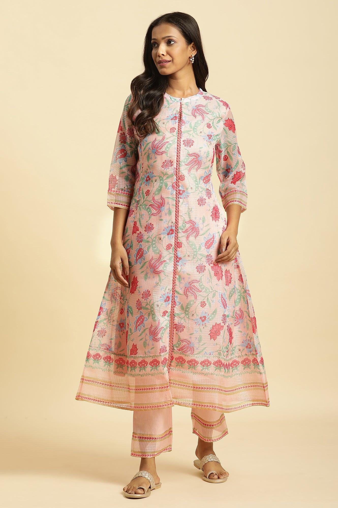 Pink Floral Motif Panelled Kurta And Pants Set - wforwoman