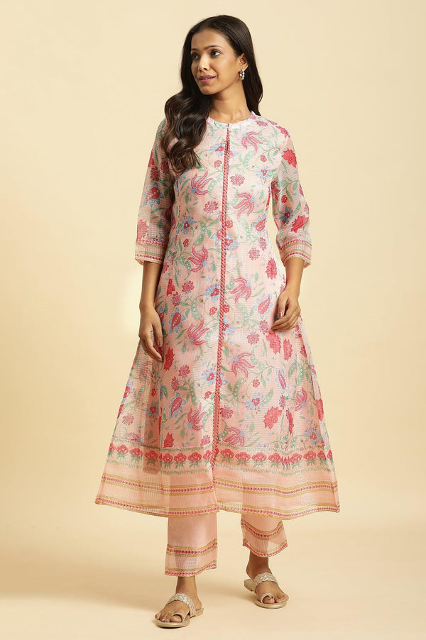 Pink Floral Motif Panelled Kurta And Pants Set