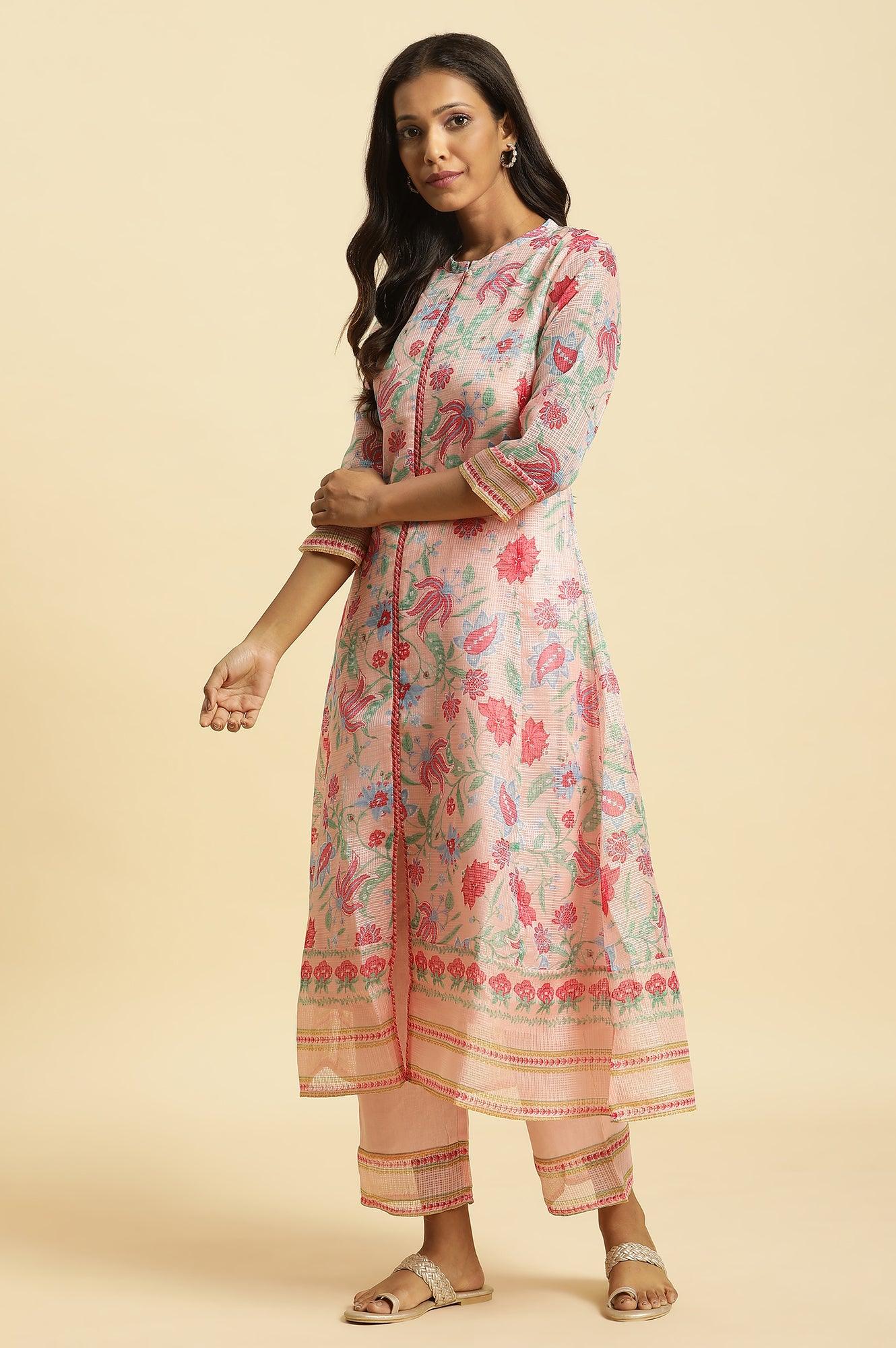 Pink Floral Motif Panelled Kurta And Pants Set - wforwoman