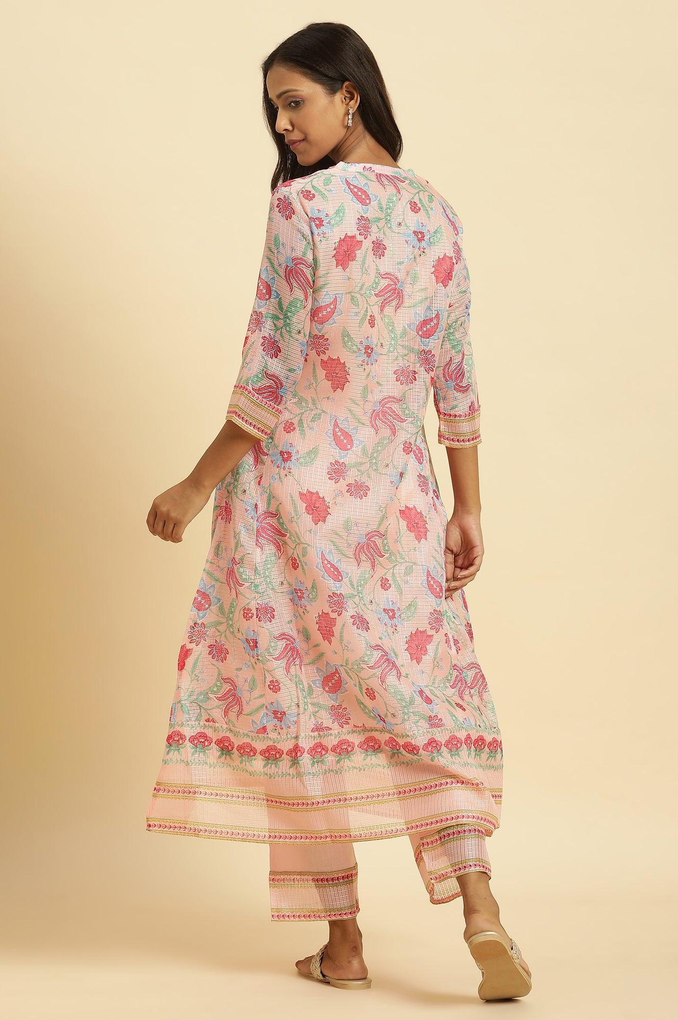 Pink Floral Motif Panelled Kurta And Pants Set - wforwoman