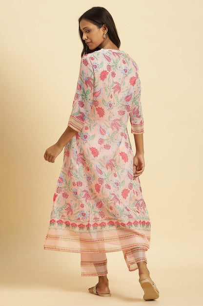 Pink Floral Motif Panelled Kurta And Pants Set - wforwoman