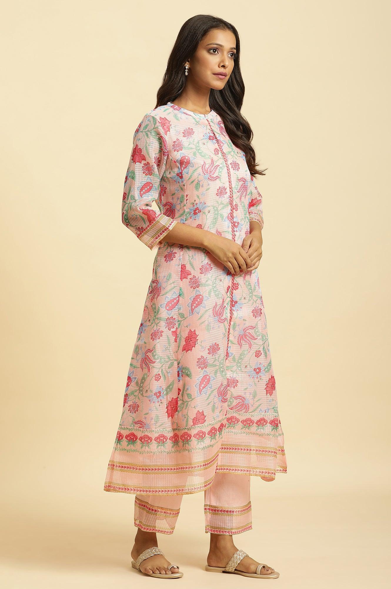Pink Floral Motif Panelled Kurta And Pants Set - wforwoman