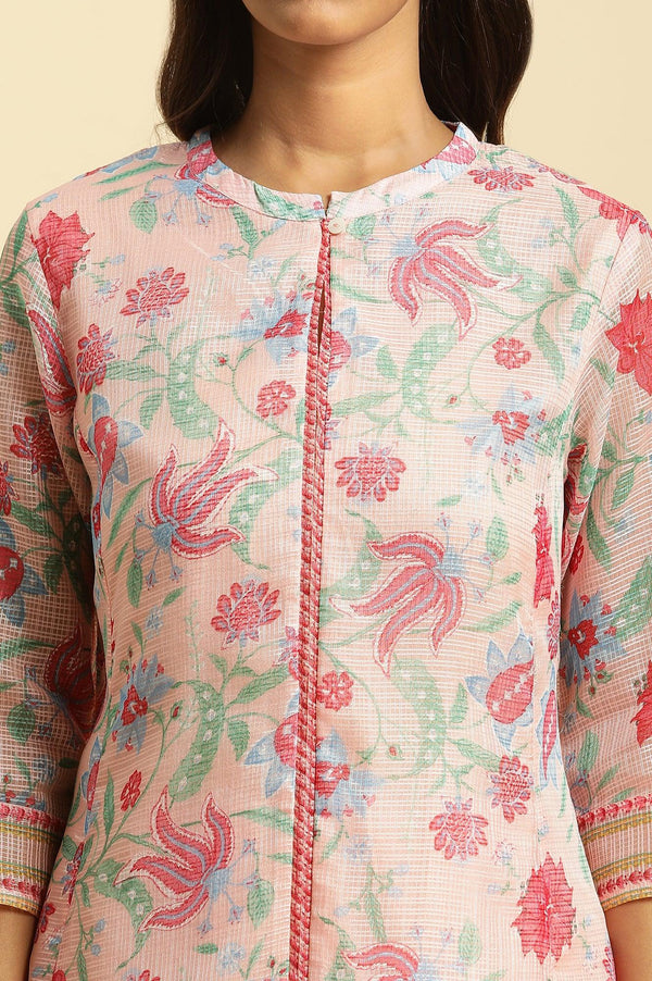 Pink Floral Motif Panelled Kurta And Pants Set