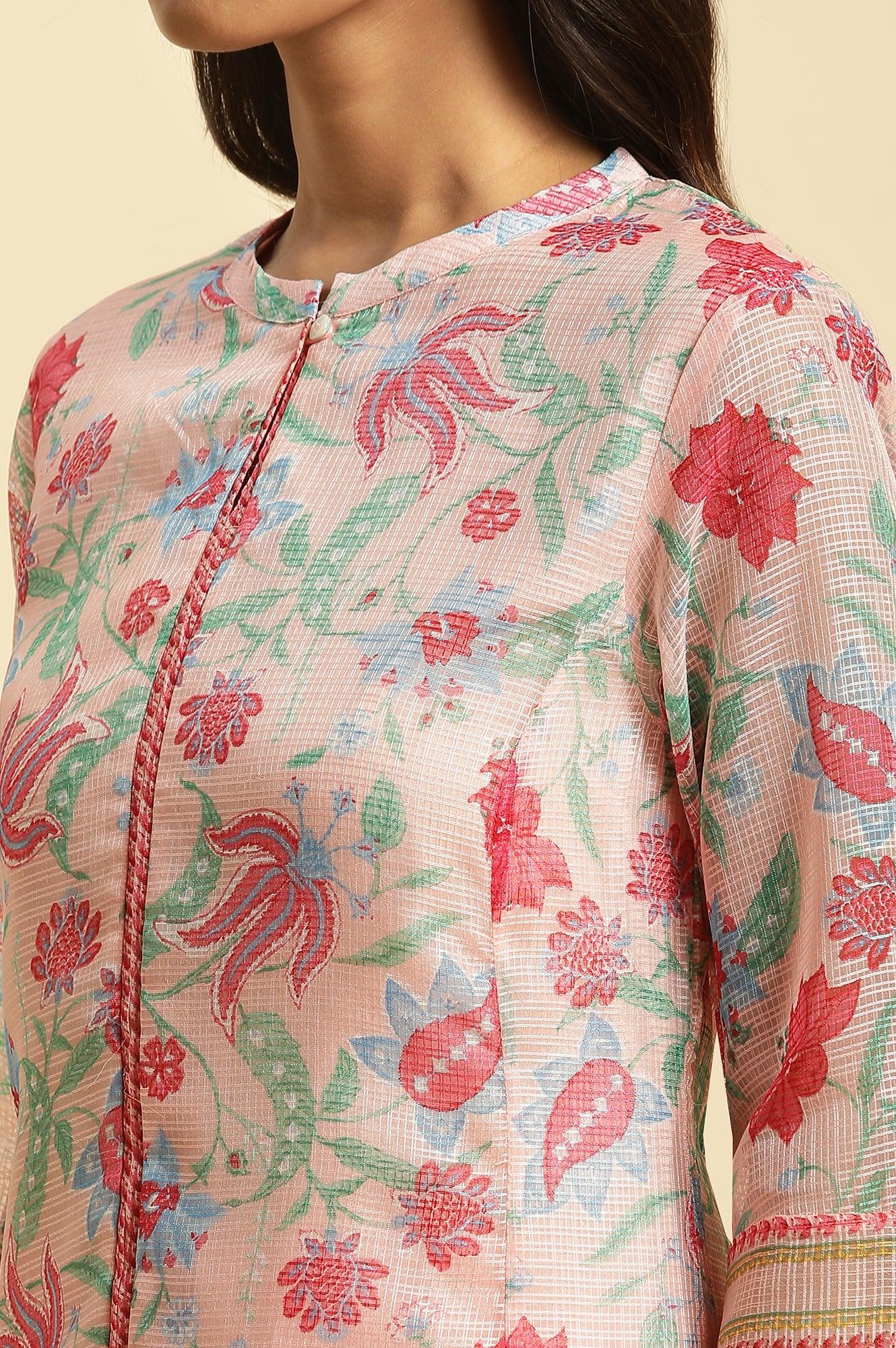 Pink Floral Motif Panelled Kurta And Pants Set - wforwoman