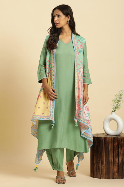 Green Solid Kurta, Printed Gilet And Gathered Pants Set - wforwoman