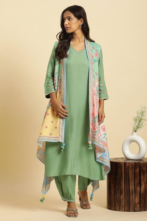 Green Solid Kurta, Printed Gilet and Pants Set