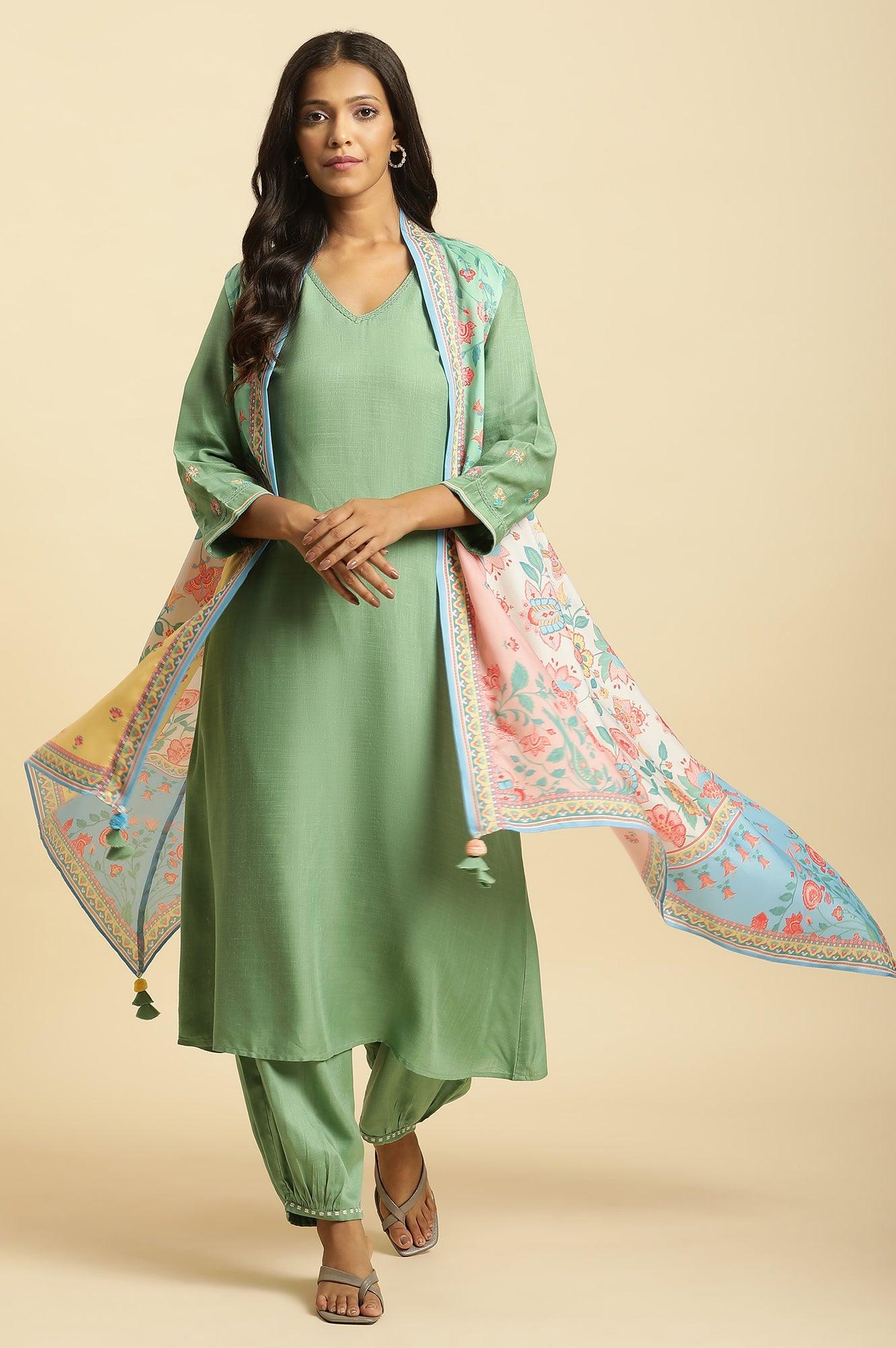Green Solid Kurta, Printed Gilet And Gathered Pants Set - wforwoman