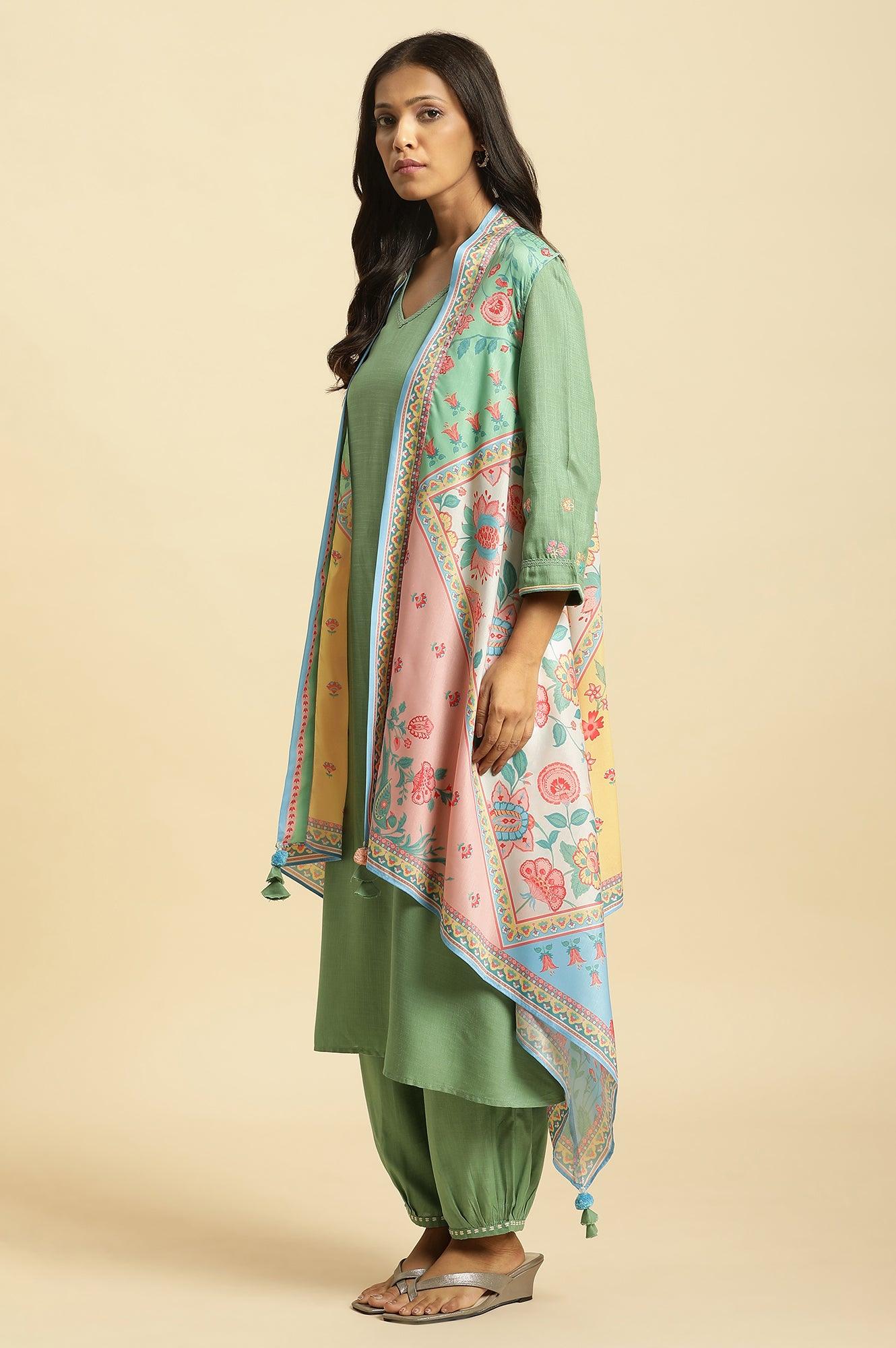 Green Solid Kurta, Printed Gilet And Gathered Pants Set - wforwoman