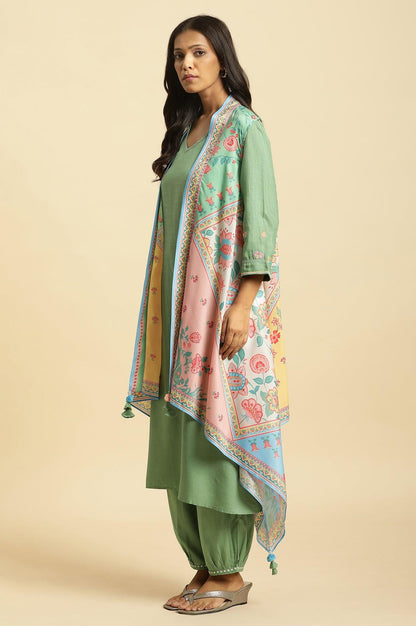 Green Solid Kurta, Printed Gilet And Gathered Pants Set - wforwoman