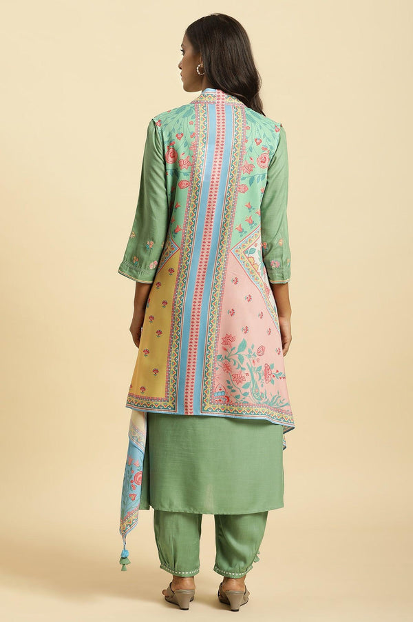 Green Solid Kurta, Printed Gilet and Pants Set
