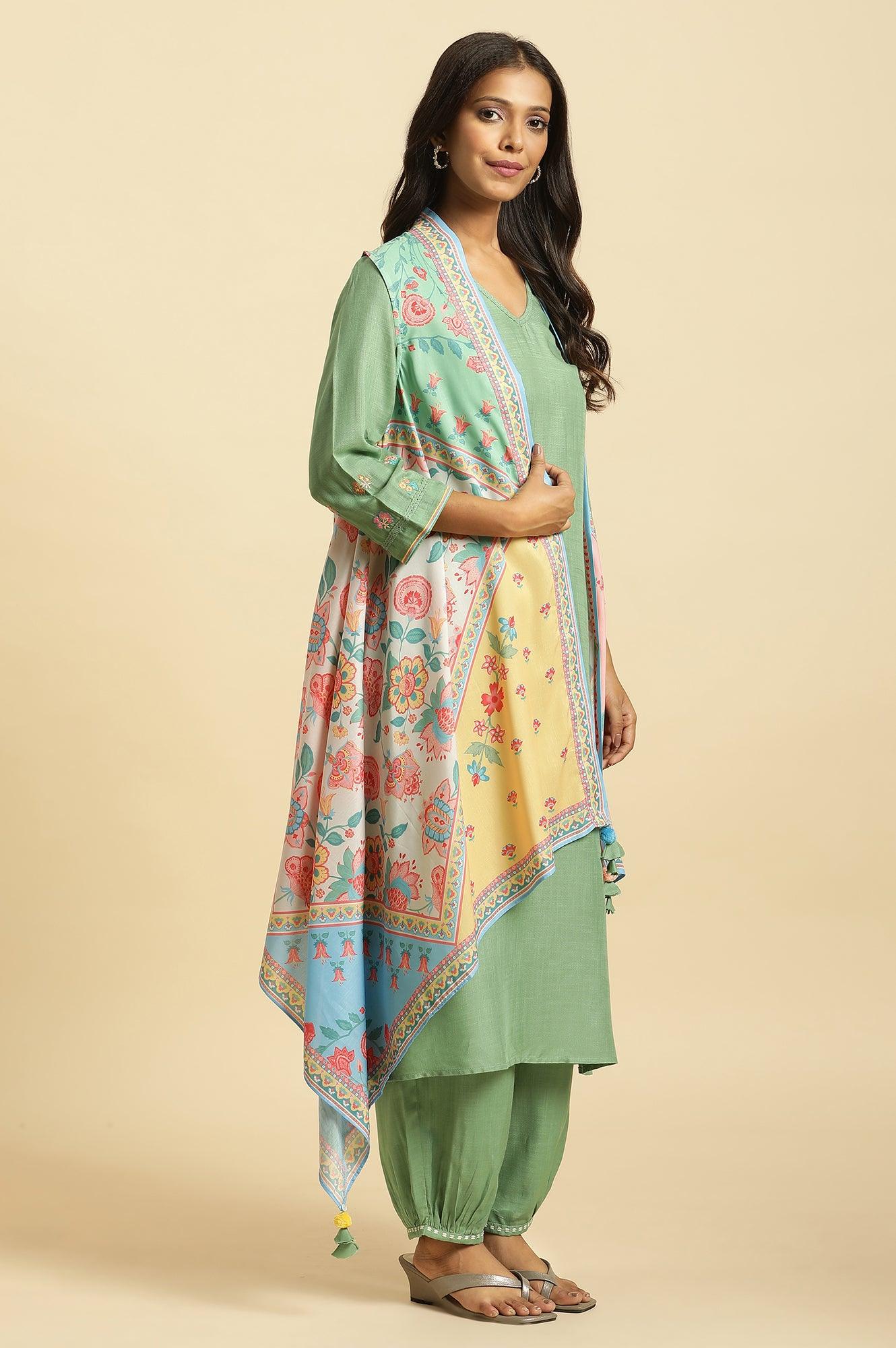 Green Solid Kurta, Printed Gilet And Gathered Pants Set - wforwoman