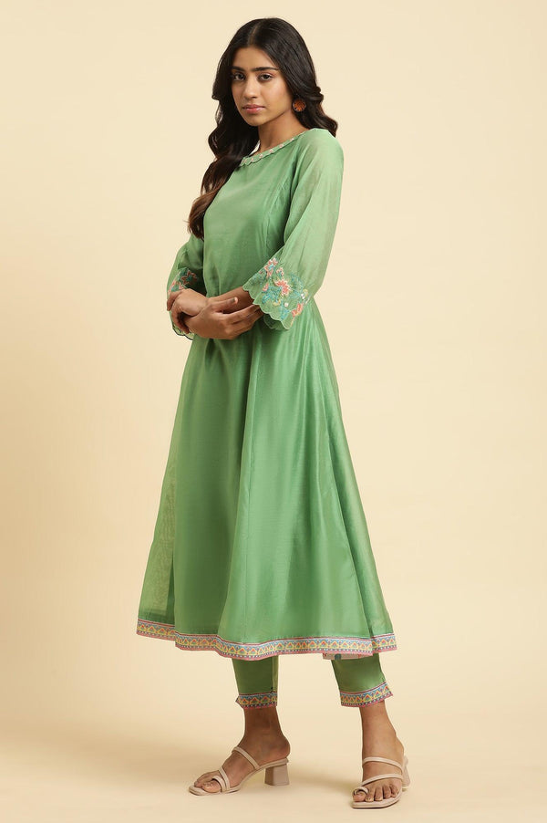 Green Embroidered Kurta, Pants And Printed Dupatta Set