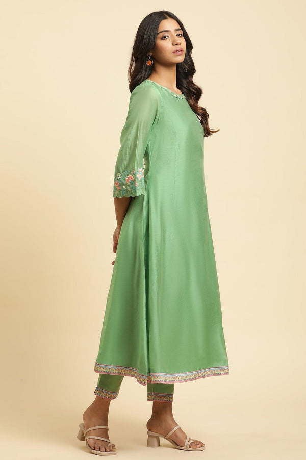 Green Embroidered Kurta, Pants And Printed Dupatta Set