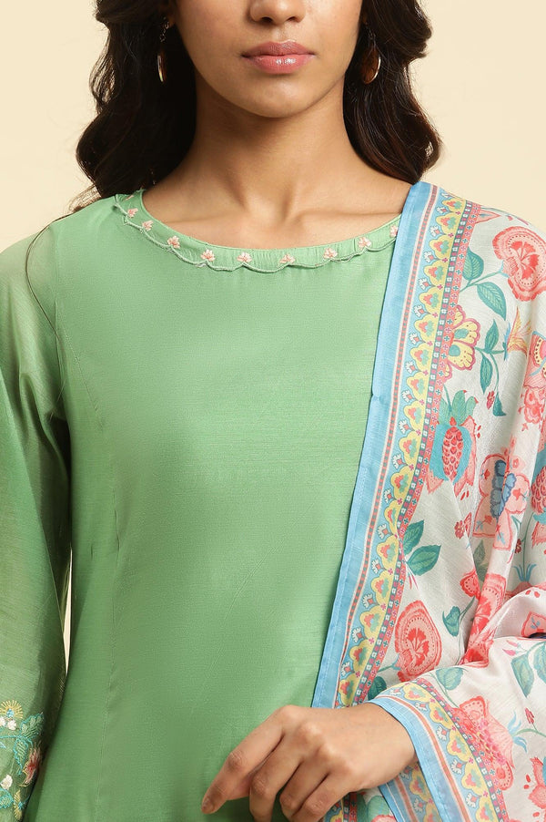 Green Embroidered Kurta, Pants And Printed Dupatta Set