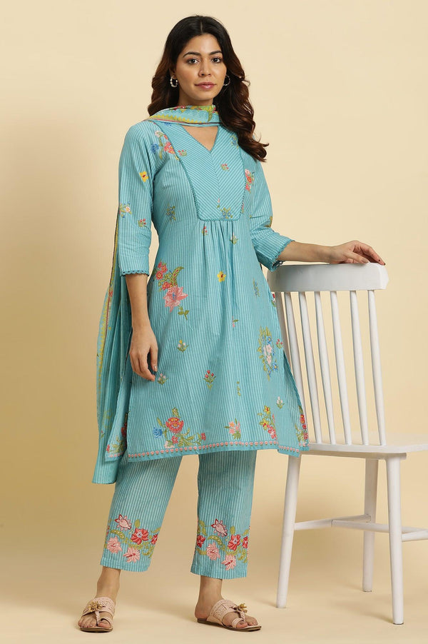 Blue Floral Printed Kurta, Pants And Dupatta Set