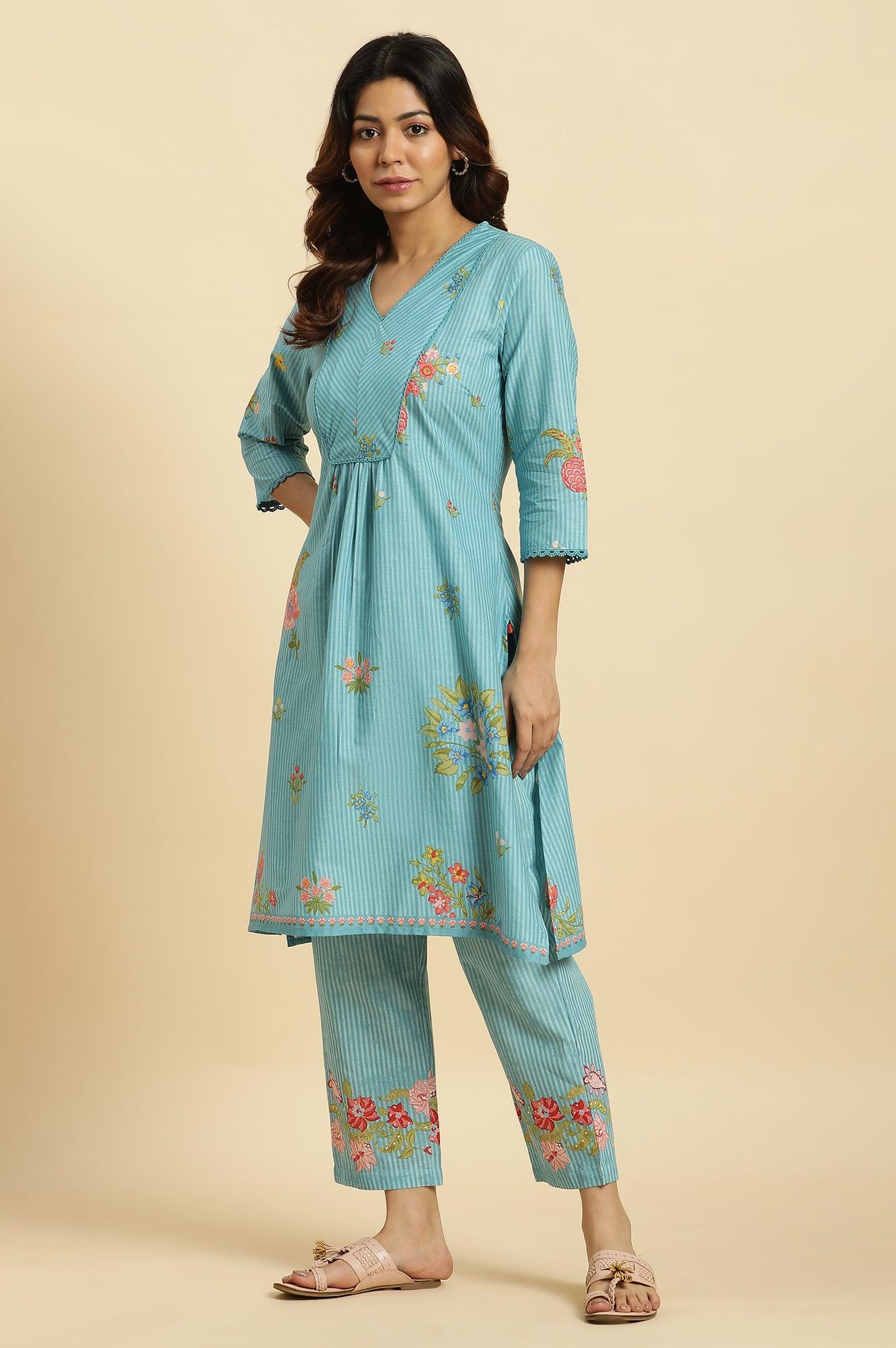 Blue Floral Printed Kurta, Pants And Dupatta Set - wforwoman
