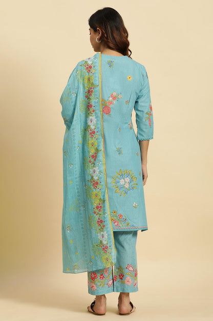 Blue Floral Printed Kurta, Pants And Dupatta Set - wforwoman