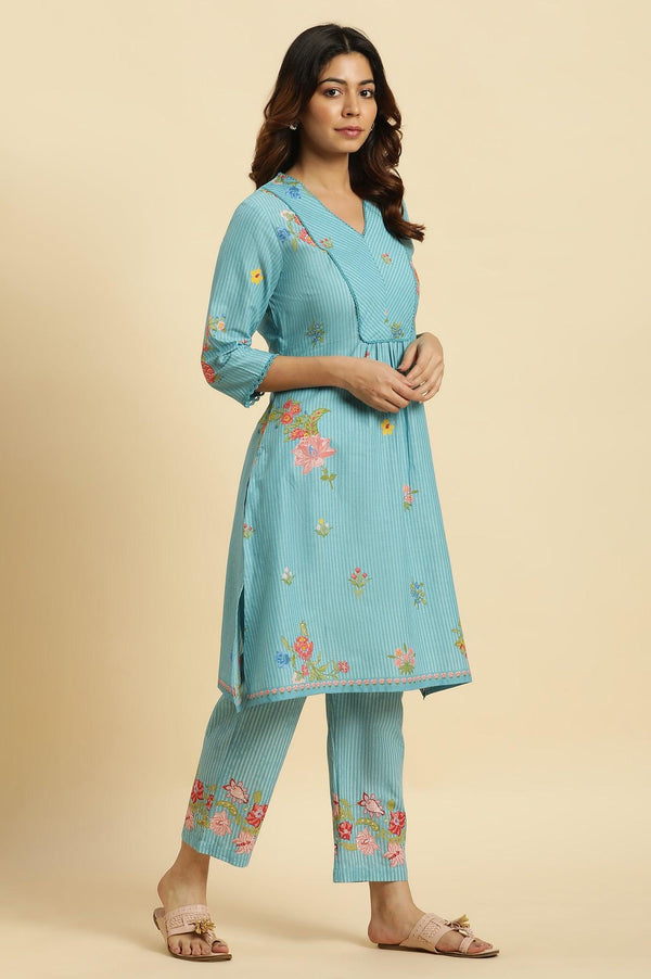 Blue Floral Printed Kurta, Pants And Dupatta Set