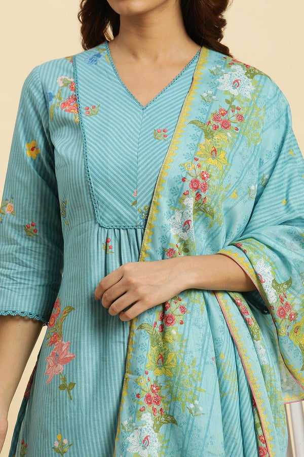 Blue Floral Printed Kurta, Pants And Dupatta Set