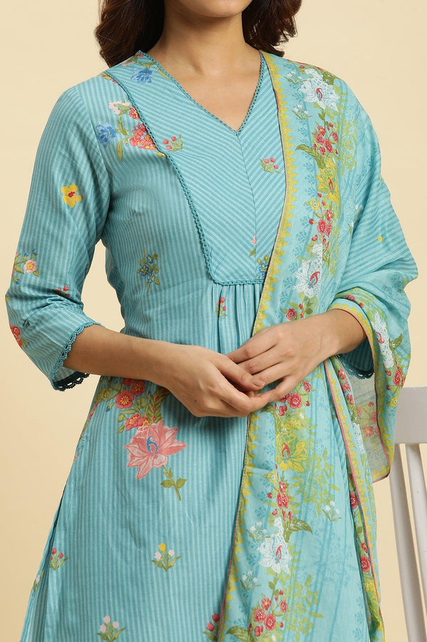 Blue Floral Printed Kurta, Pants And Dupatta Set