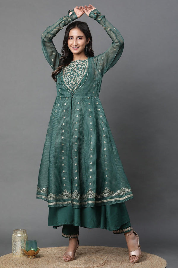 Green Layered Anarkali Kurta and Slim Pant Set