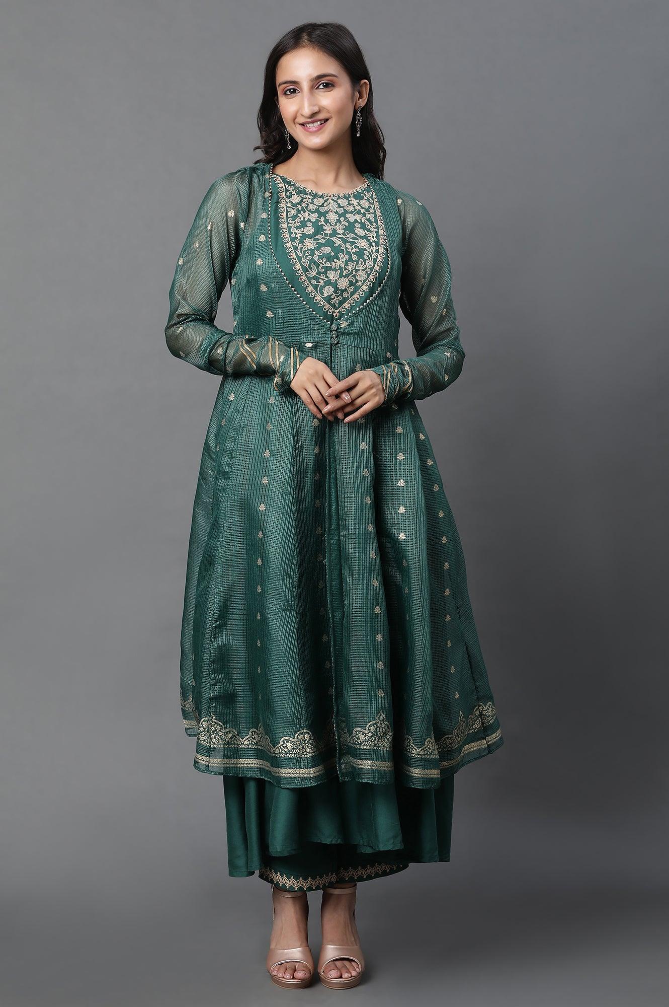 Green Layered Anakali Kurta And Slim Pant Set - wforwoman