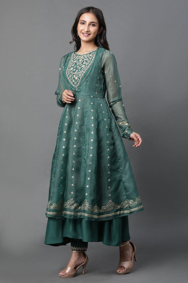Green Layered Anarkali Kurta and Slim Pant Set