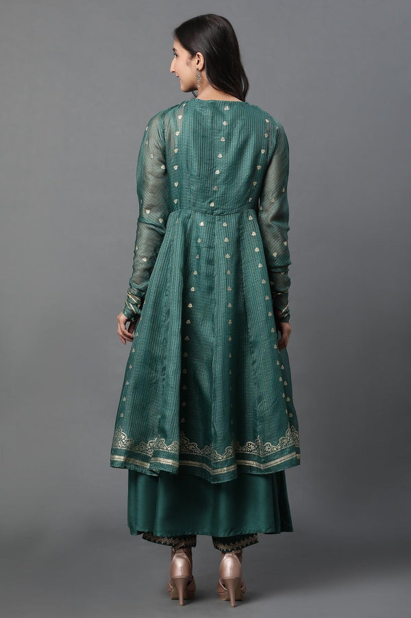 Green Layered Anarkali Kurta and Slim Pant Set