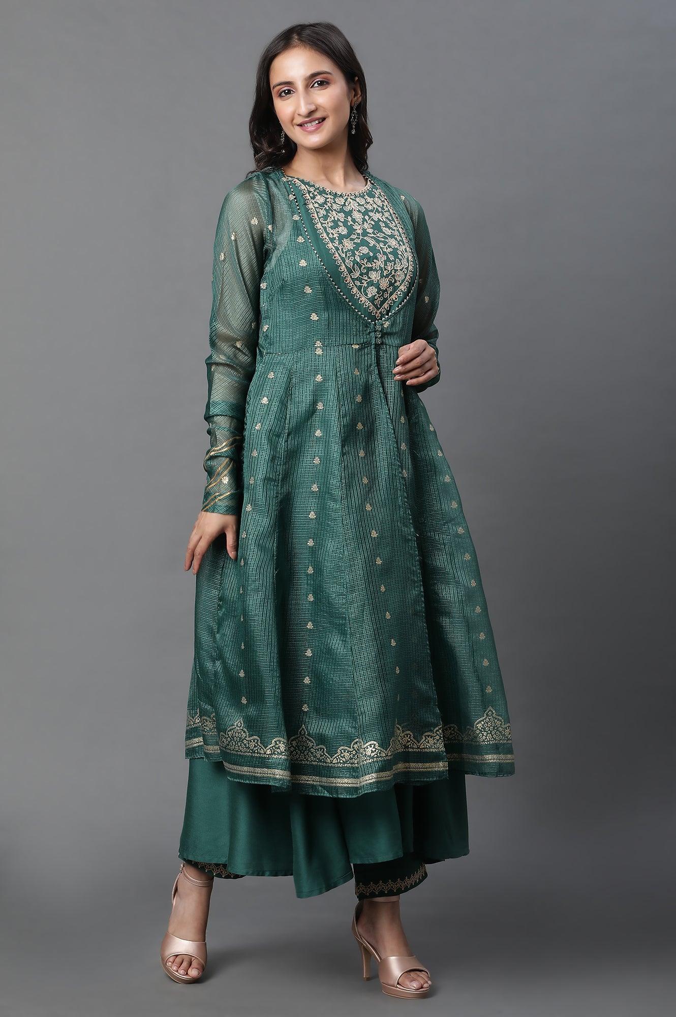 Green Layered Anakali Kurta And Slim Pant Set - wforwoman