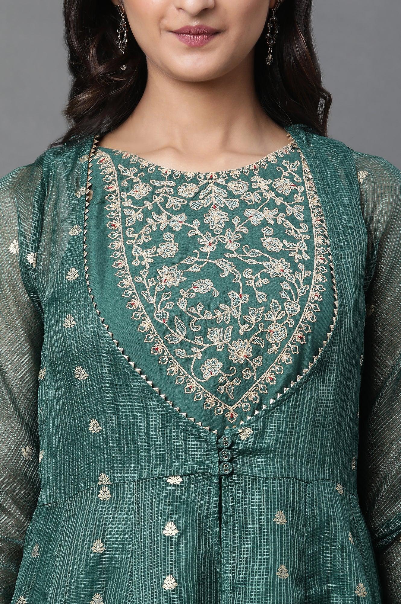 Green Layered Anakali Kurta And Slim Pant Set - wforwoman