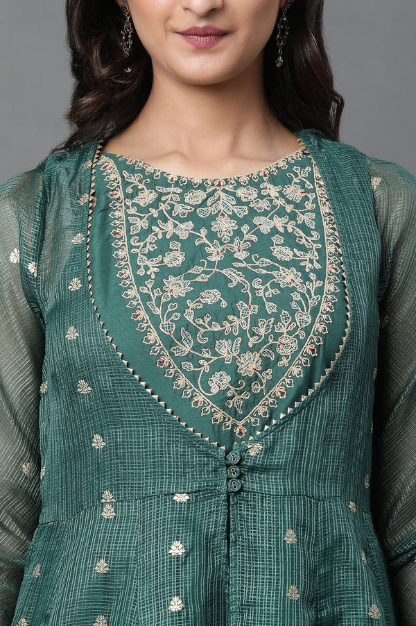 Green Layered Anarkali Kurta and Slim Pant Set