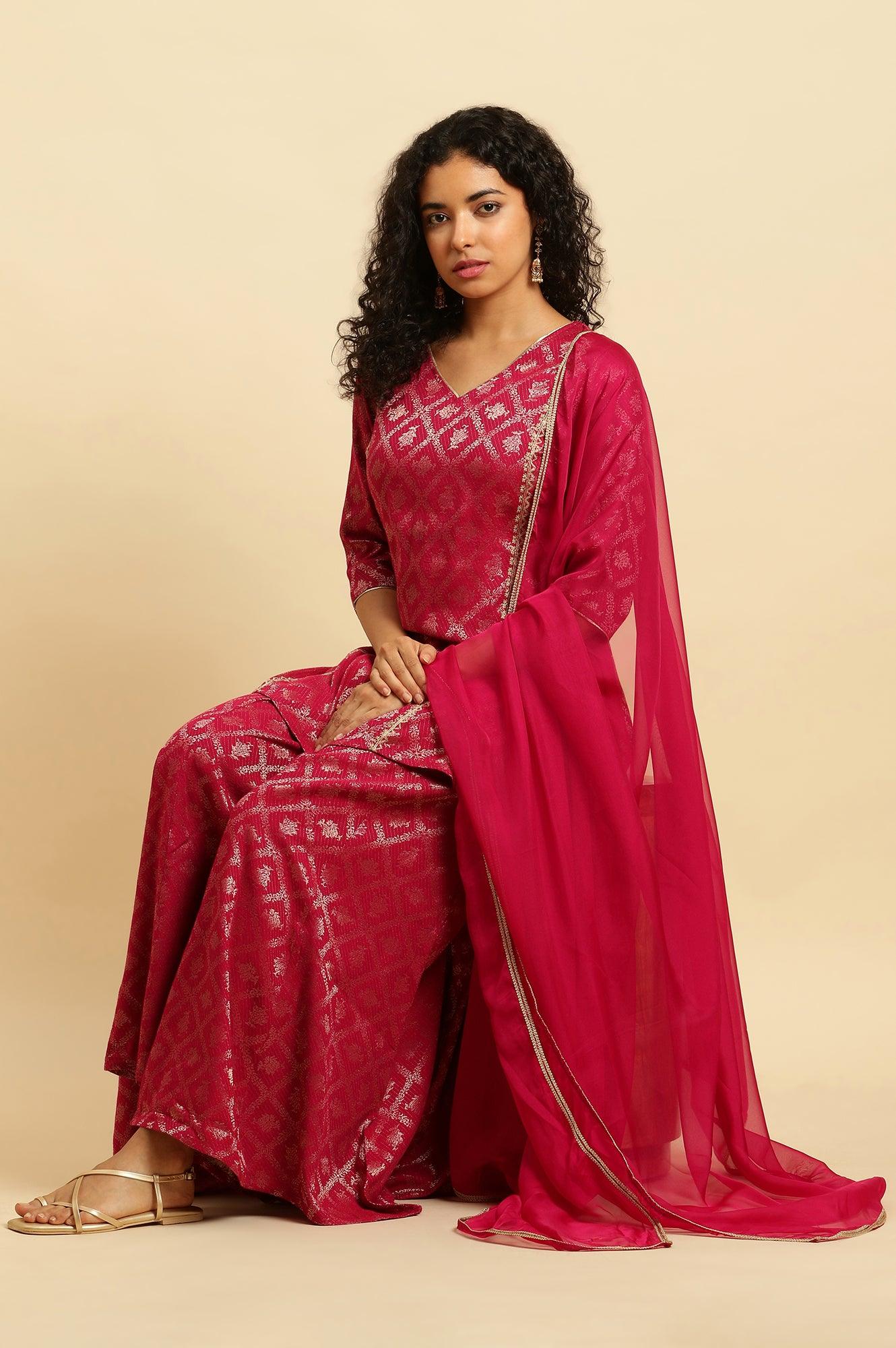 Pink Zari Embellished Short Kurta, Flared Pants And Dupatta Set - wforwoman