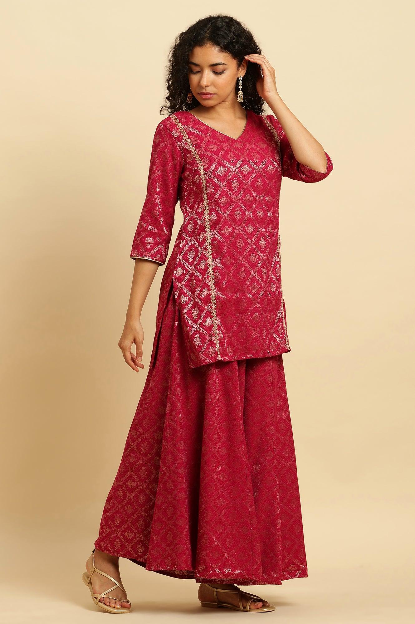 Pink Zari Embellished Short Kurta, Flared Pants And Dupatta Set - wforwoman