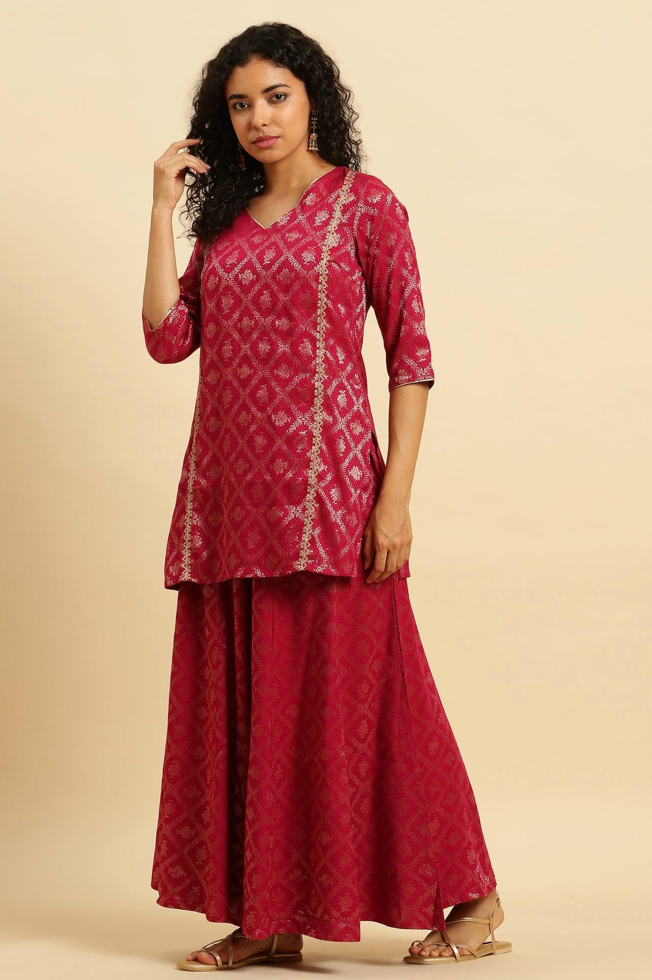 Pink Zari Embellished Short Kurta, Flared Pants And Dupatta Set - wforwoman