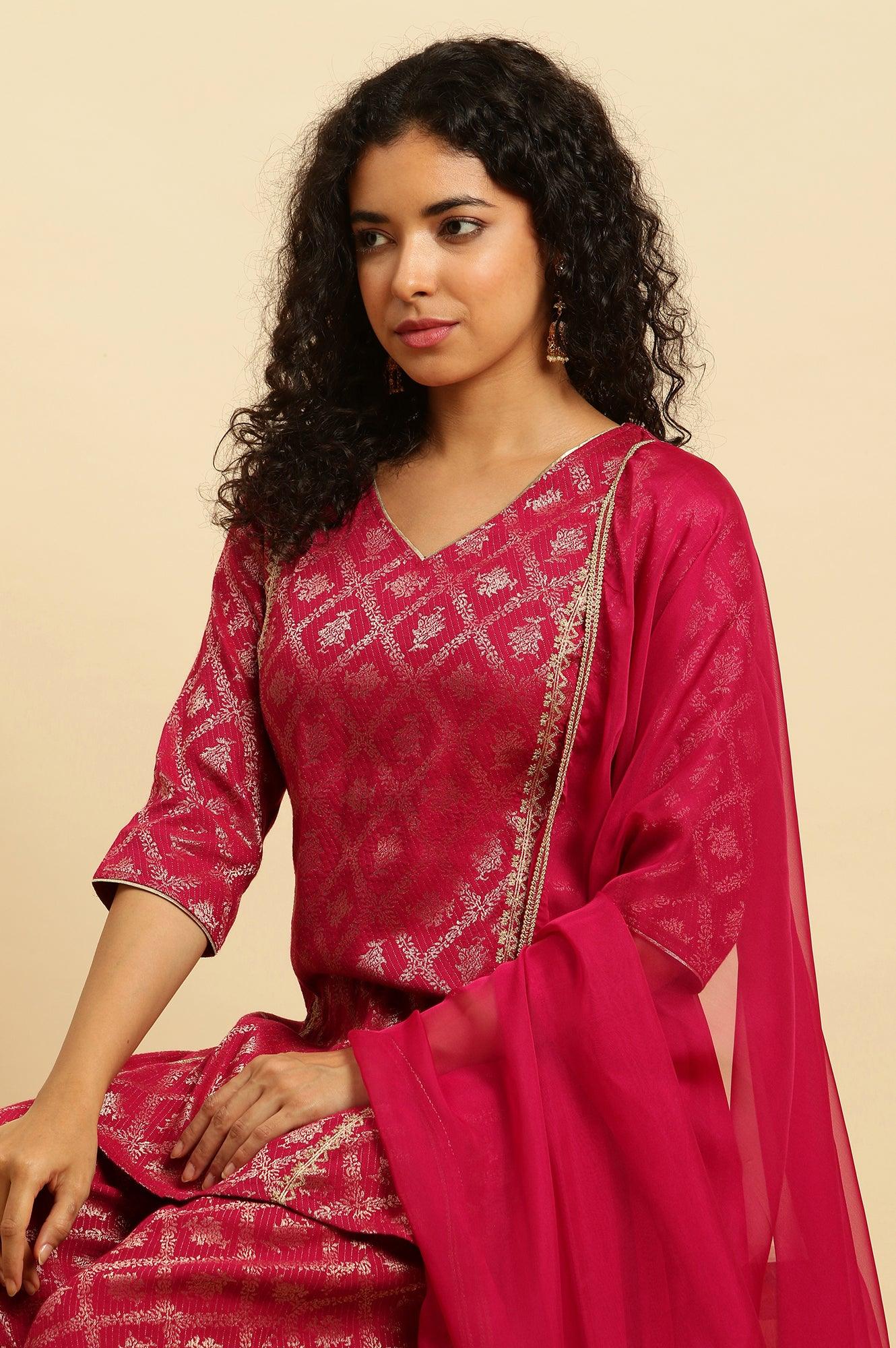 Pink Zari Embellished Short Kurta, Flared Pants And Dupatta Set - wforwoman