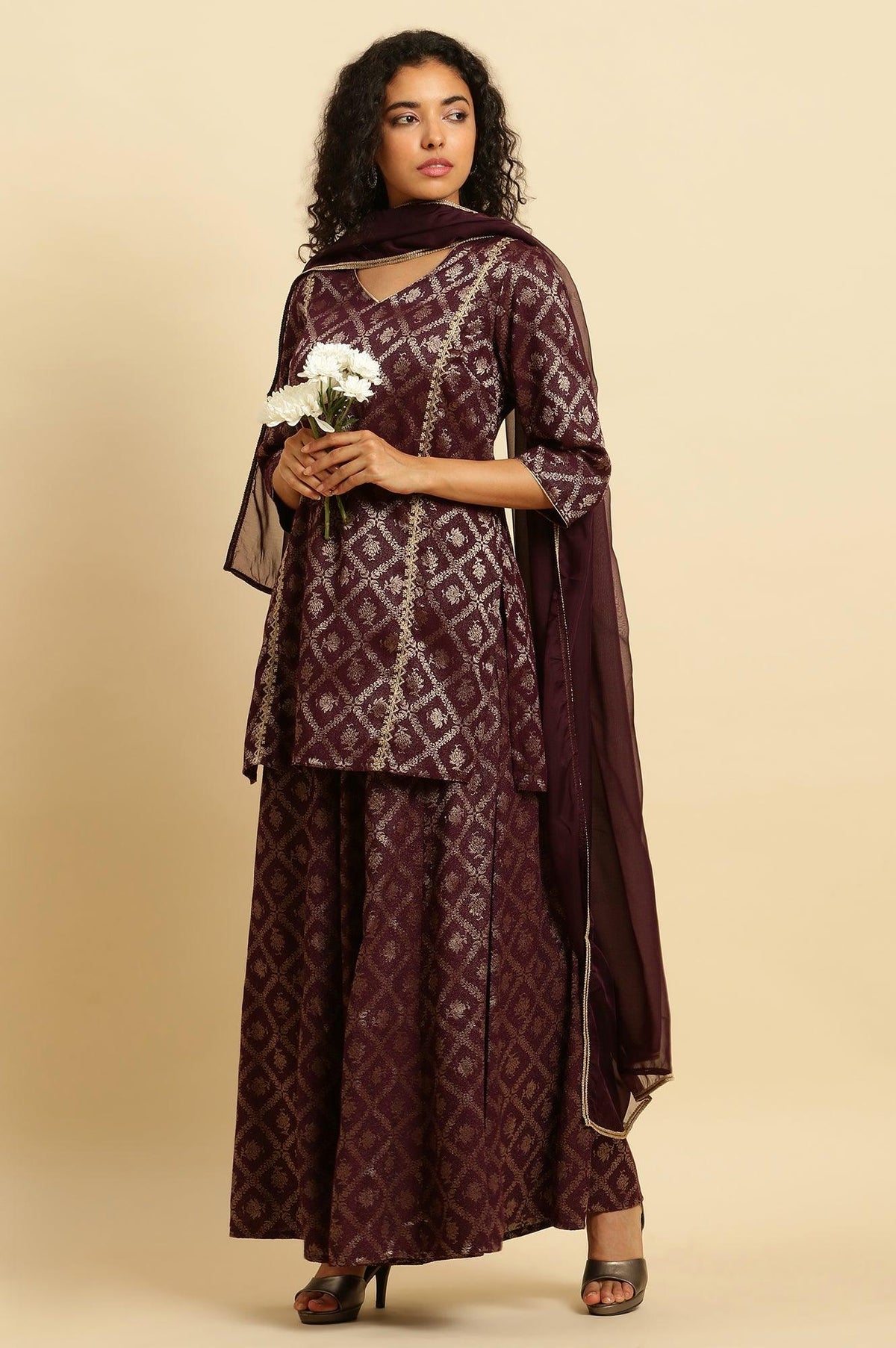 Purple Zari Embellished Short Kurta, Flared Pants And Dupatta Set - XXL