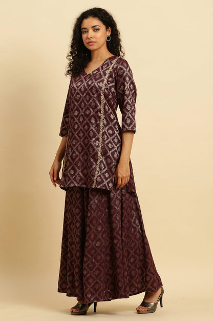 Purple Zari Embellished Short Kurta, Flared Pants And Dupatta Set - wforwoman