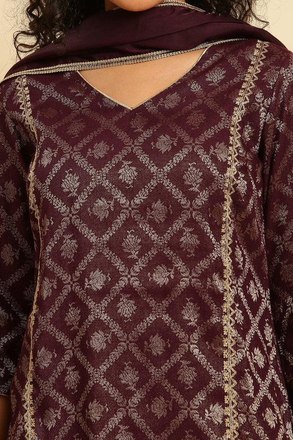 Purple Zari Embellished Short Kurta, Flared Pants And Dupatta Set