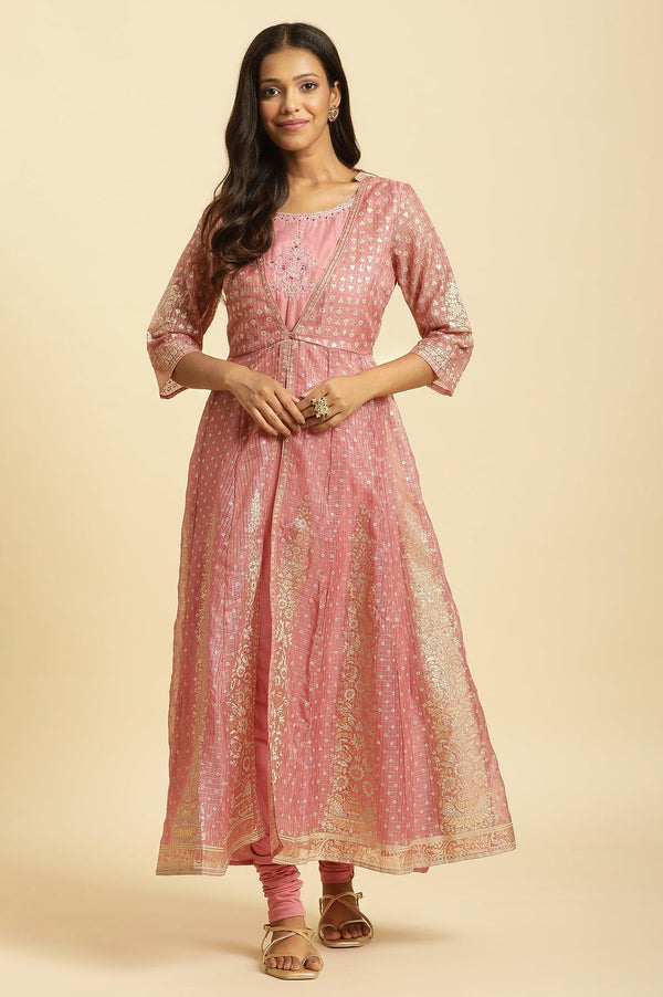 Pink Foil Printed Mock Layered Kurta And  Tights Set