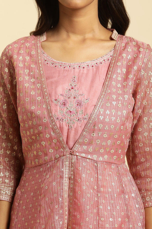 Pink Foil Printed Mock Layered Kurta And  Tights Set