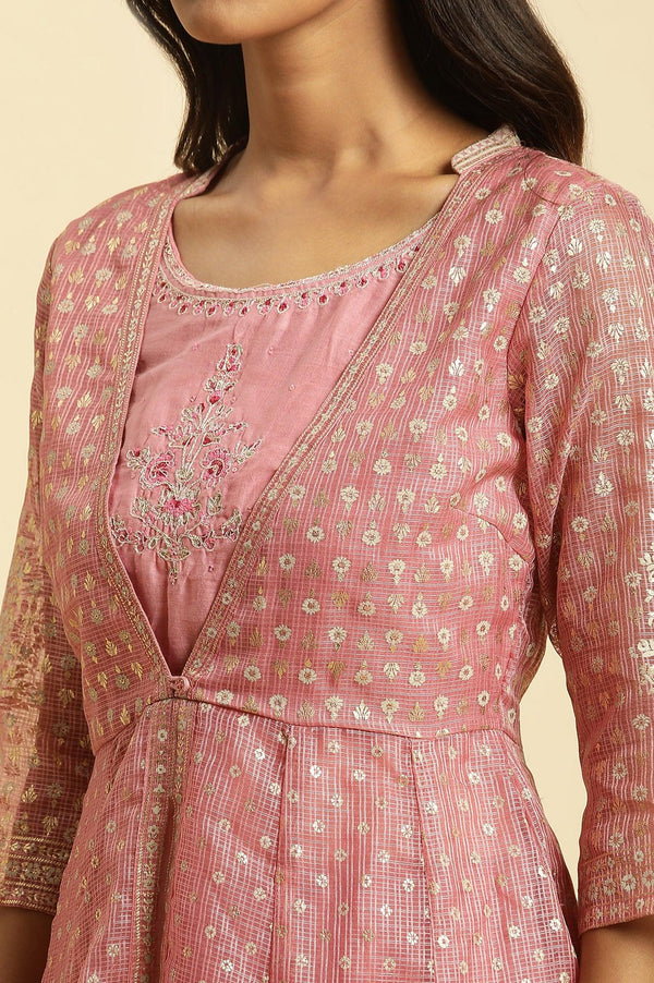 Pink Foil Printed Mock Layered Kurta And  Tights Set