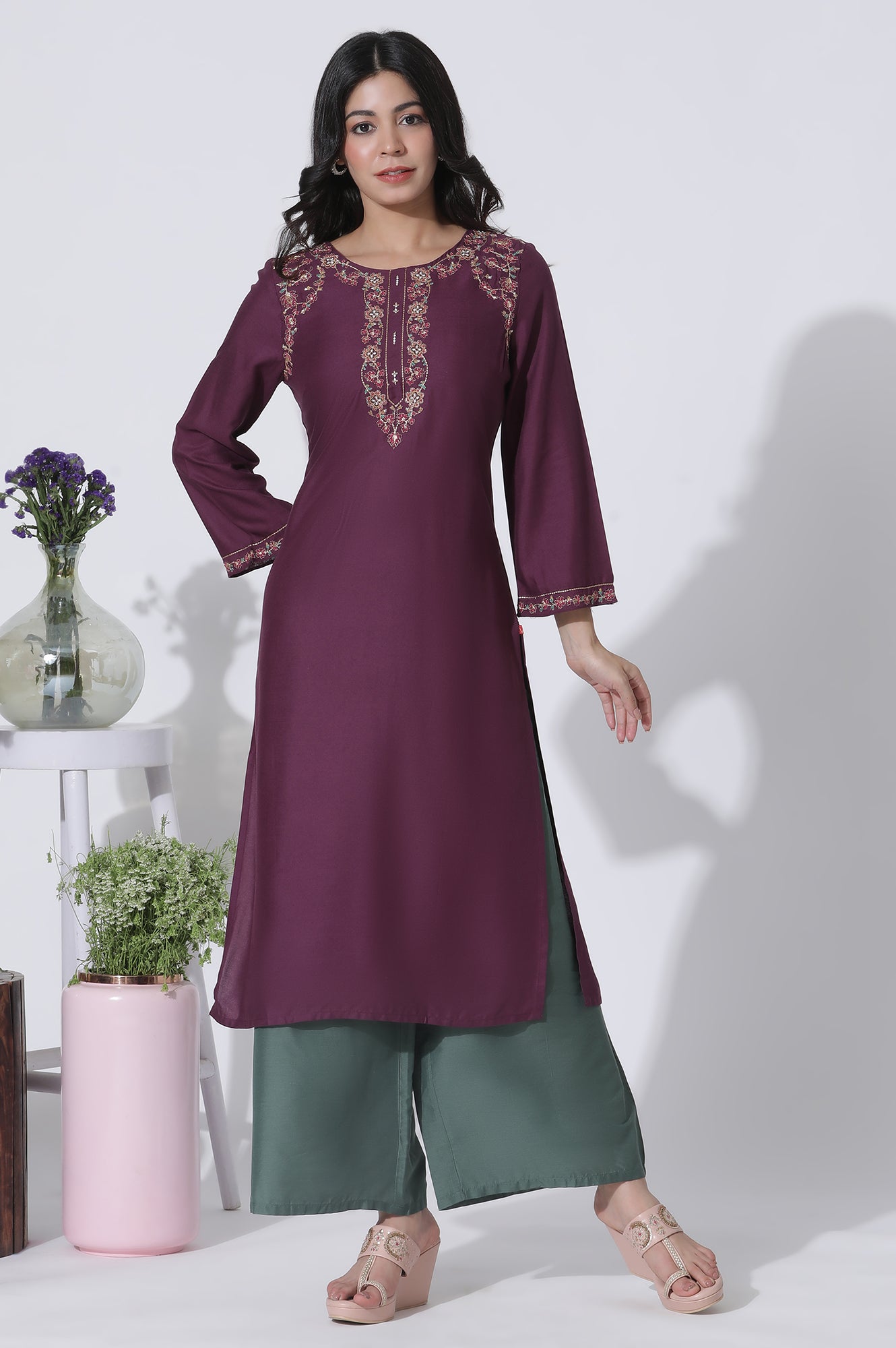 Purple Embroidered Kurta And Pants Set - wforwoman