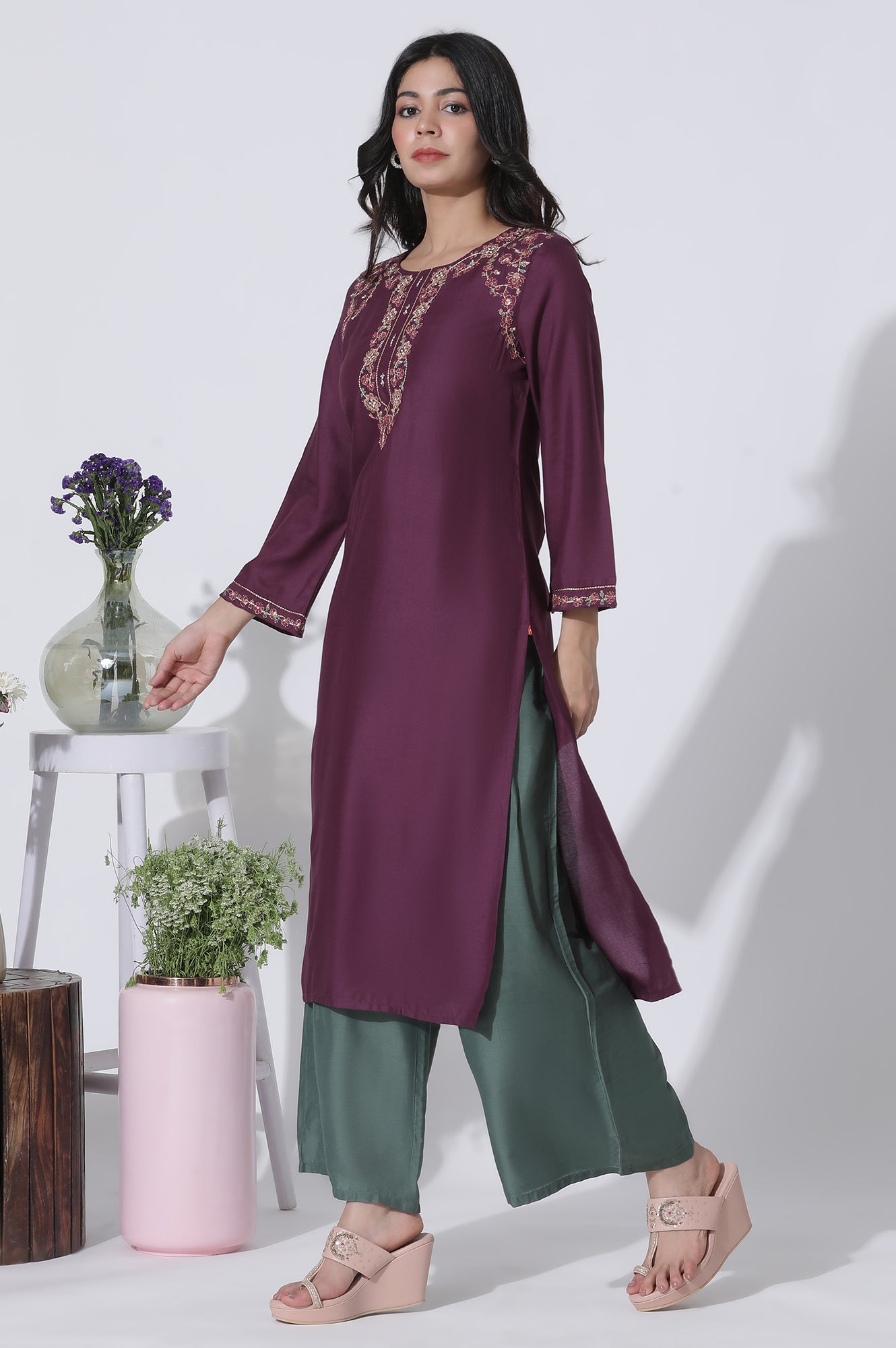 Purple Embroidered Kurta And Pants Set - wforwoman