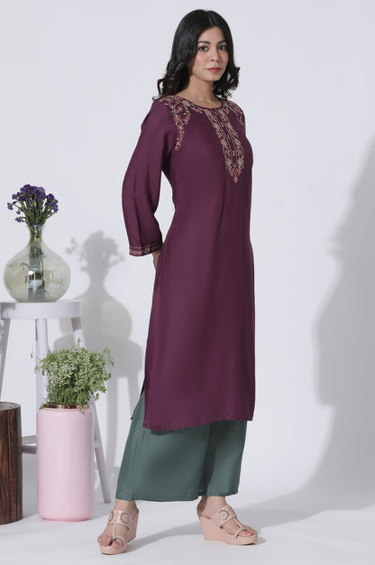 Purple Embroidered Kurta And Pants Set - wforwoman