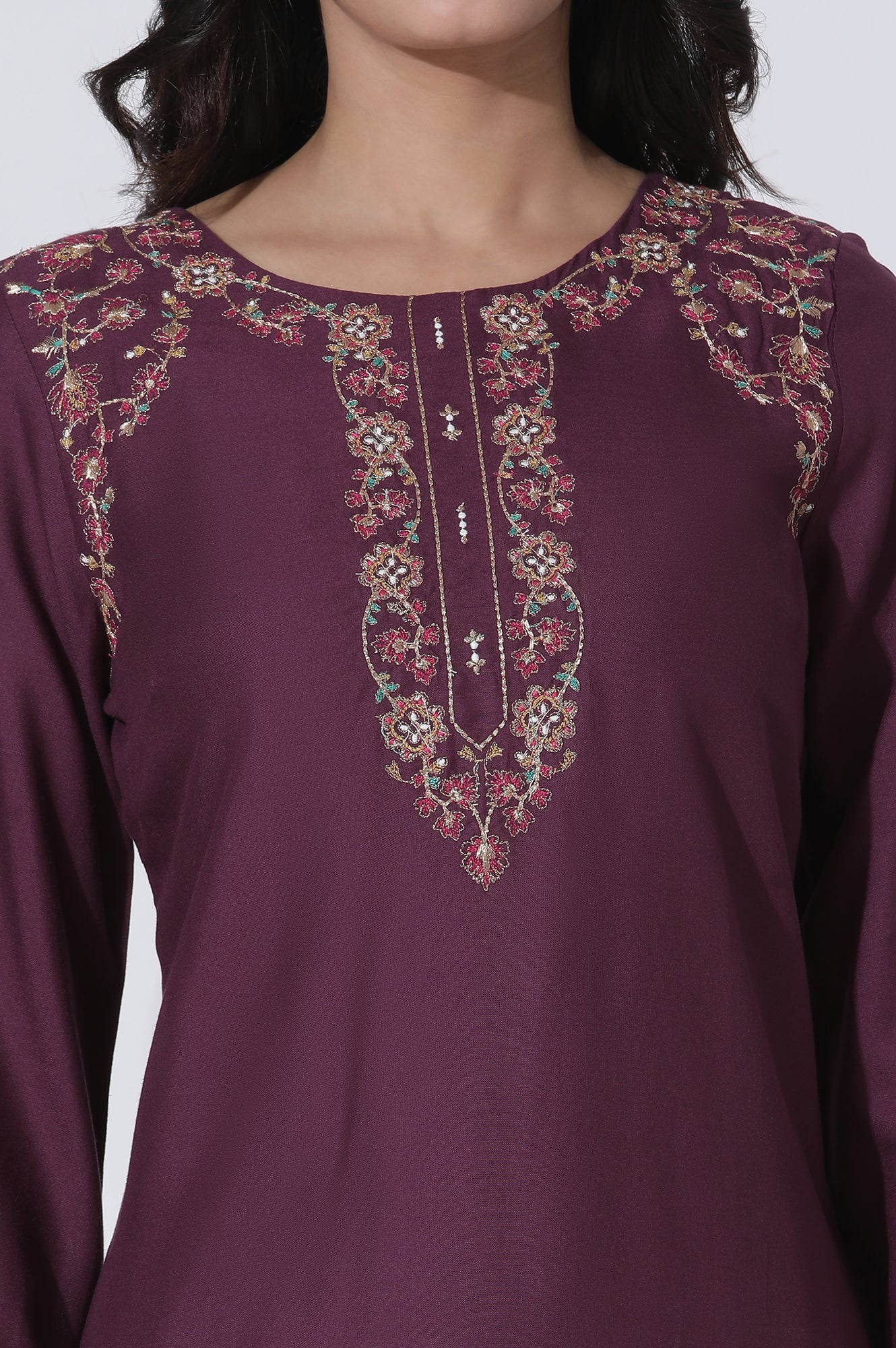 Purple Embroidered Kurta And Pants Set - wforwoman